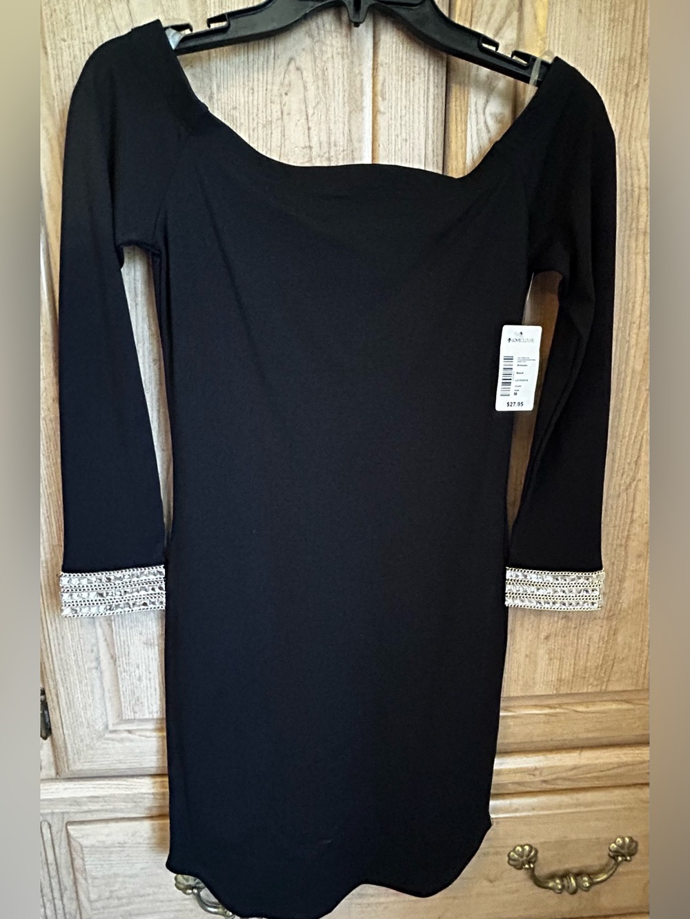 Black Long Sleeve Sheath Dress with Embroidered Cuffs